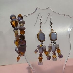 Hand Crafted Lavender and Amber Beaded Bracelet and Earrings Set